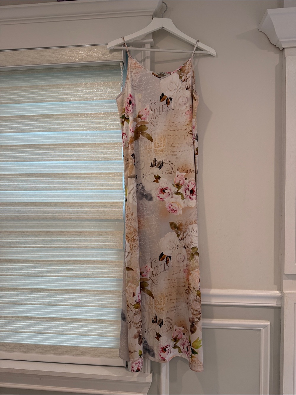 Cream Floral Maxi Slip Dress with Pink Rose Print